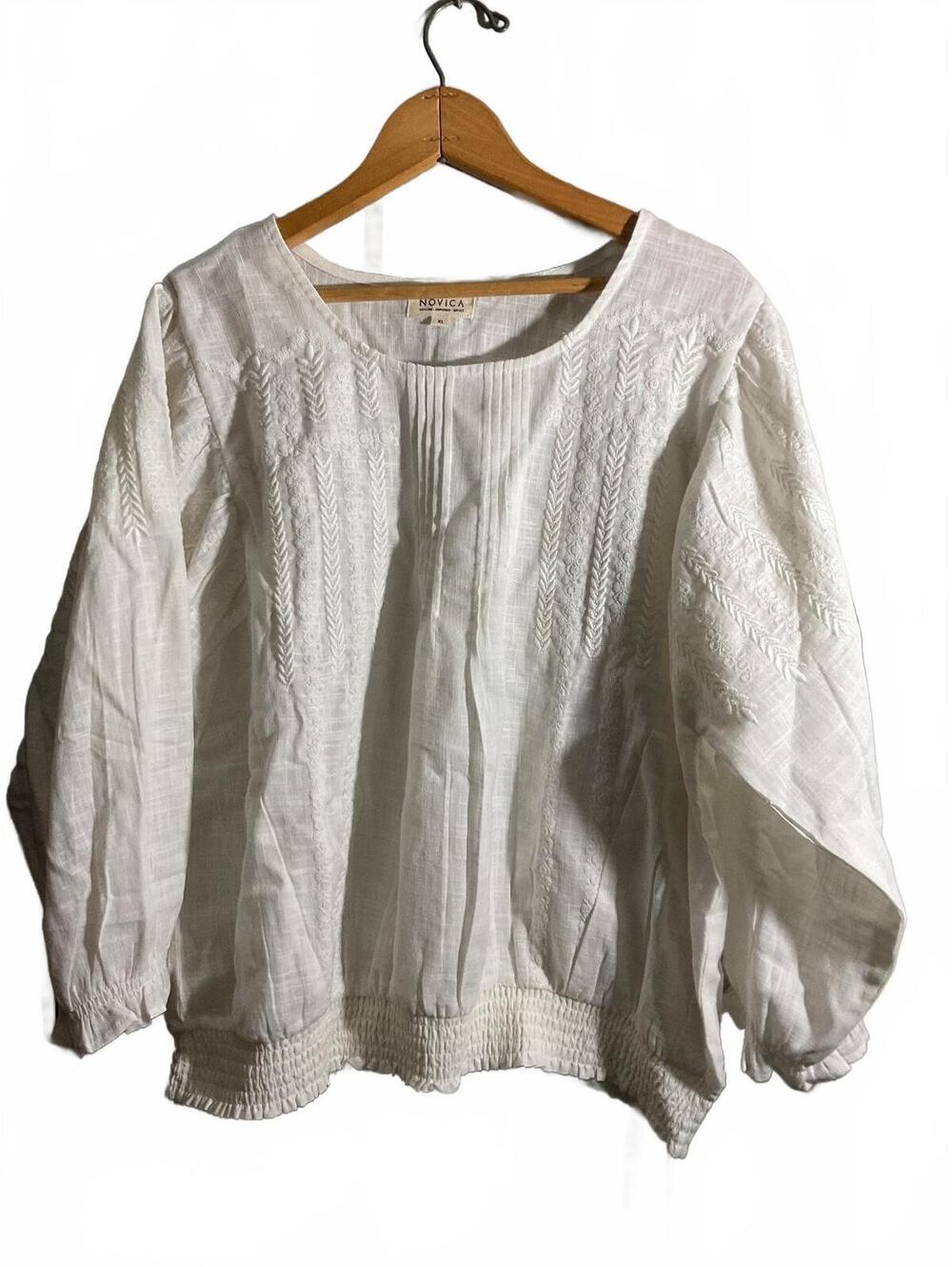 Novica White Embroidered Linen Blouse XL